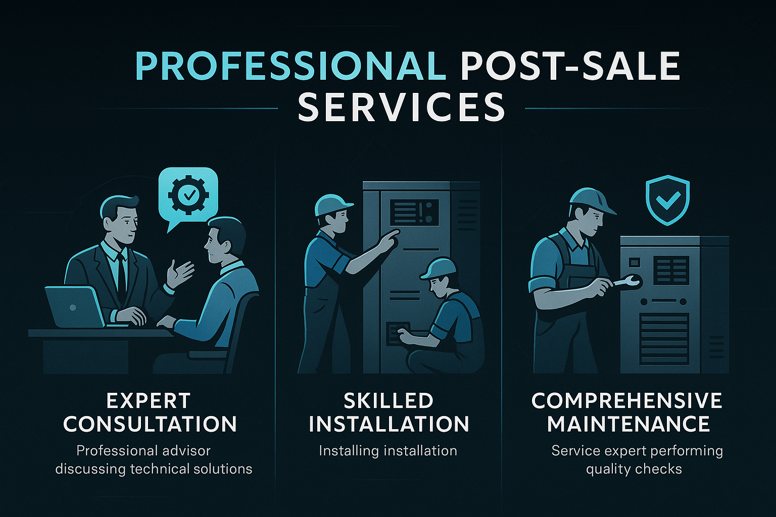 Our post-sale dedication shines through with expert Consultation, Installation, and Maintenance services. Your satisfaction is our priority.

Generate image with dark theme